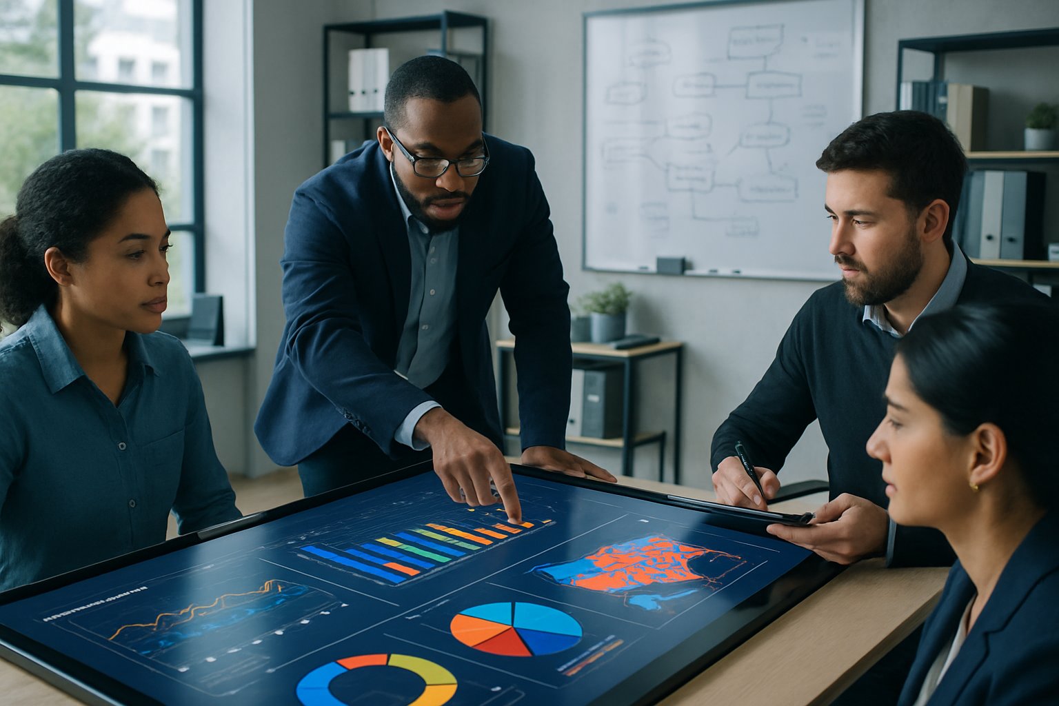 A group of analysts working together around a digital touchscreen table displaying colorful charts and graphs representing voter sentiment data.