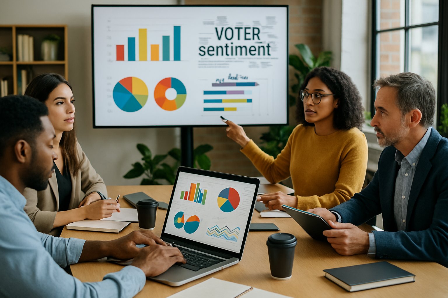 A diverse team of people analyzing voter sentiment data on laptops and a large digital screen in a modern office.