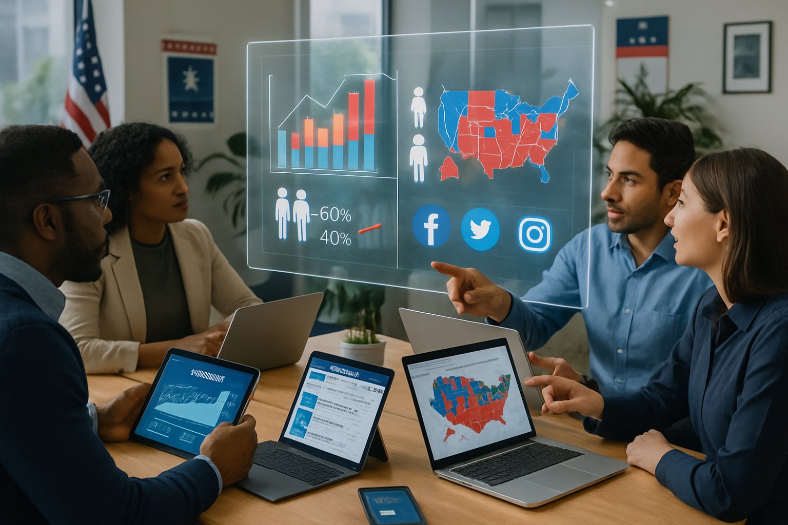A diverse group of people in a modern office discussing political campaign data displayed on laptops and a large digital screen.