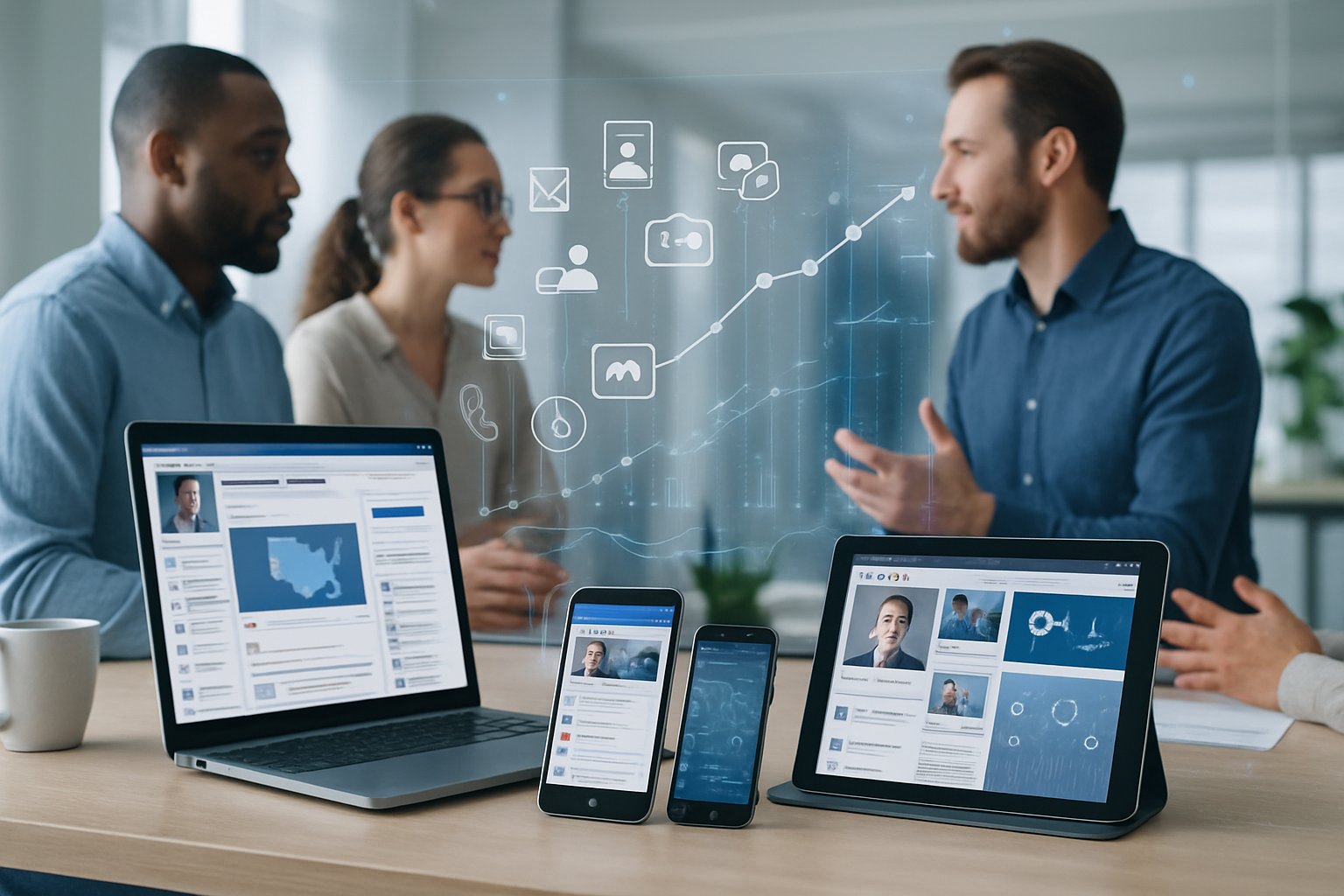 A group of professionals collaborating around digital devices and a transparent screen displaying communication icons and graphs in a modern workspace.
