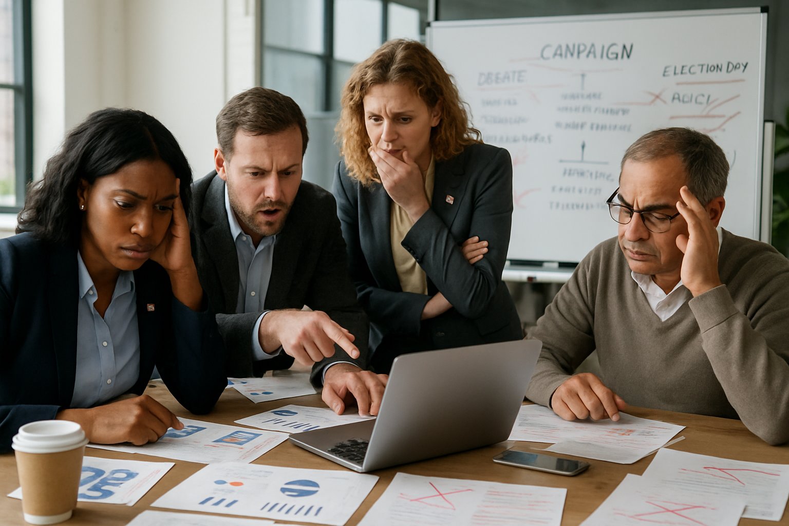 A group of political campaign staff in an office discussing and reviewing materials with visible signs of errors and corrections.