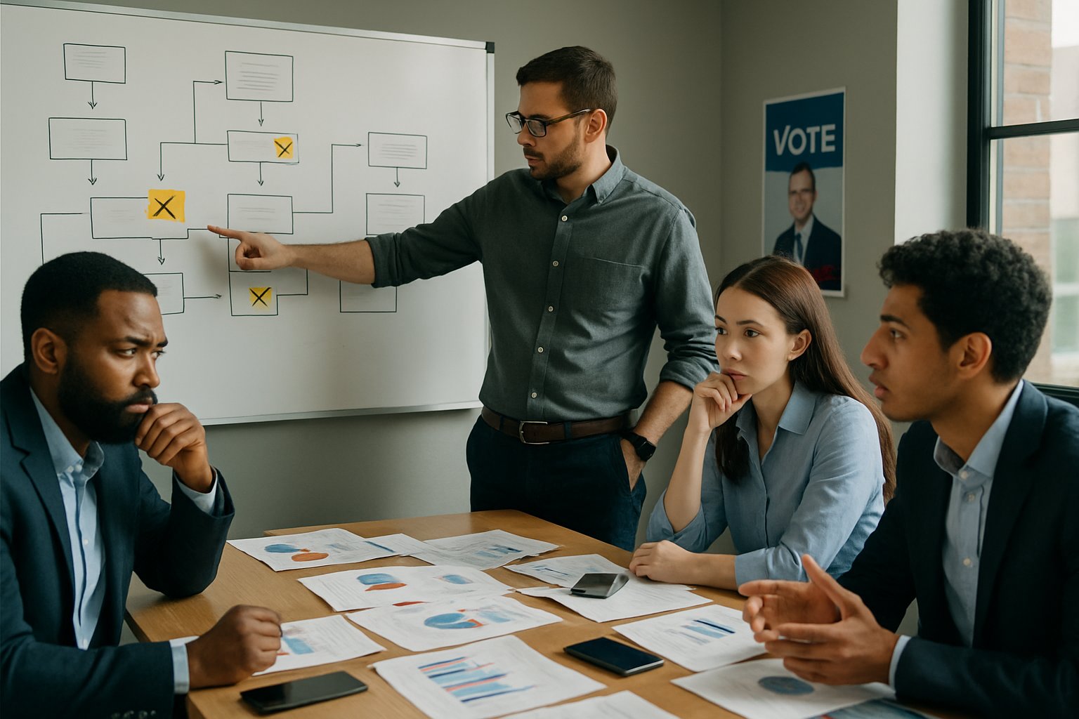 A group of campaign staff discussing documents and charts around a table in an office, reviewing mistakes in a political campaign.