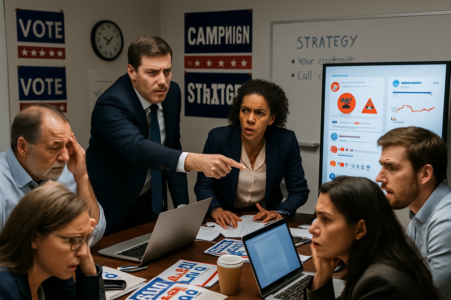 A group of campaign staff in a busy office discussing messaging mistakes around a table with laptops and papers, showing concern and frustration.
