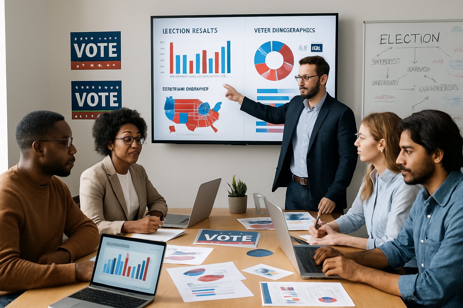 A diverse group of people in a meeting room discussing election strategies around a table with laptops and charts.