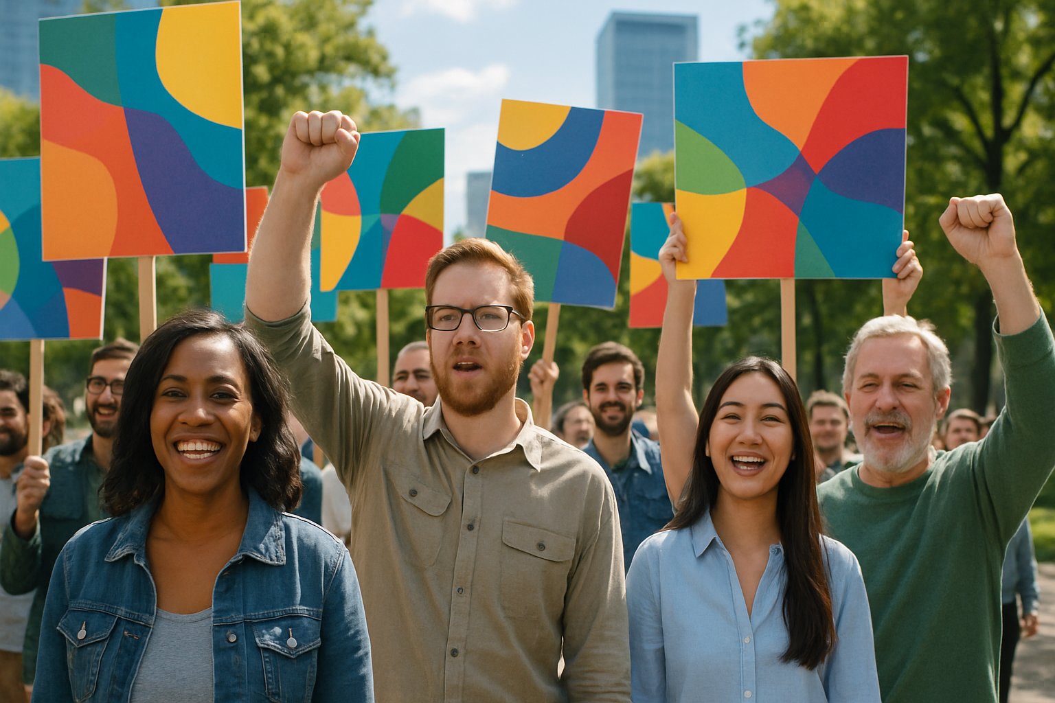 A diverse group of people at an outdoor political rally holding colorful signs without text, showing unity and enthusiasm.