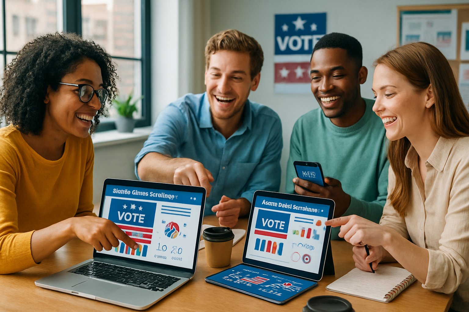 A diverse group of young adults collaborating around a table with laptops and smartphones showing social media content in a bright office.